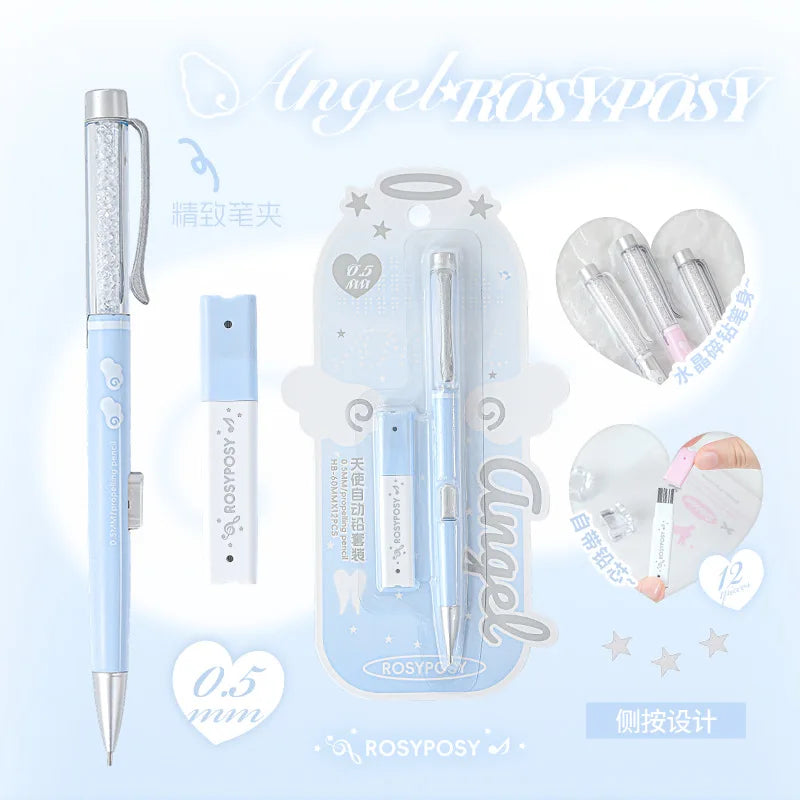 0.5HB Student Button Pencil and Lead Core Angel Automatic Lead Set High Appearance Girl Heart Shiny Crystal Pen Holder