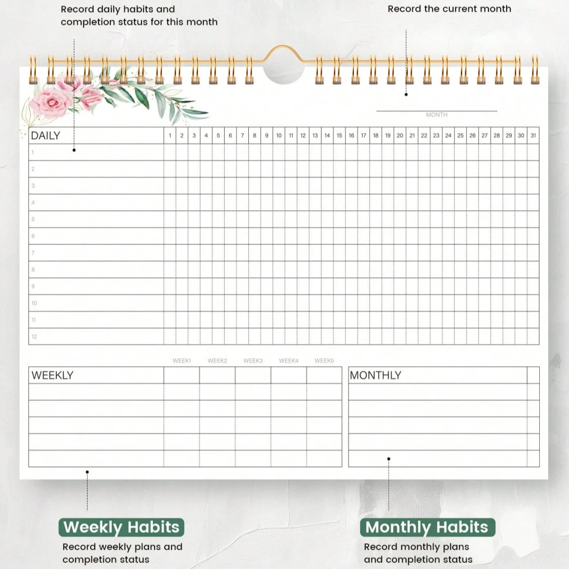 Floral Habit Tracker Calendar|Monthly Daily Habit Planner|Spiral Desk Organizer for Goals&Routines|Aesthetic Motivation Journal