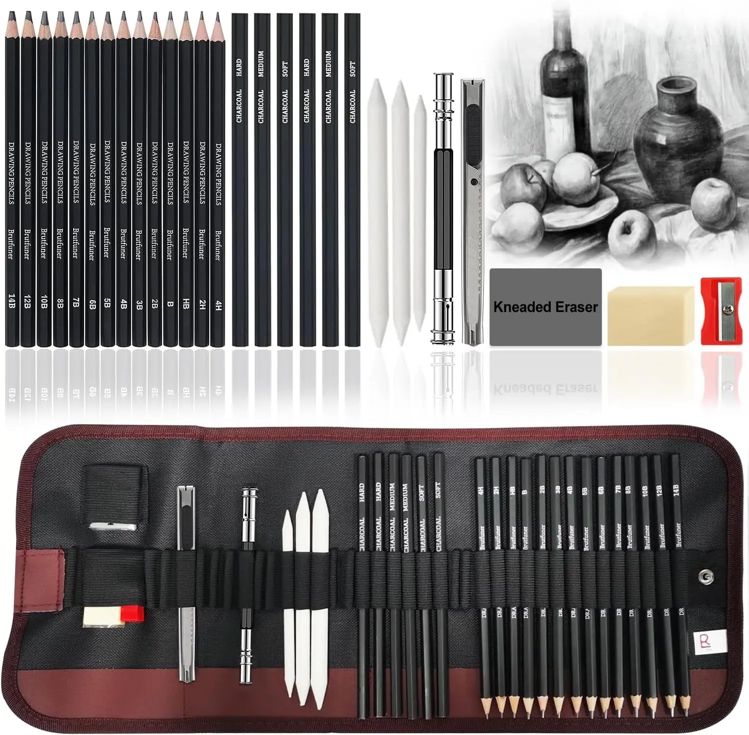 29Pcs Drawing Kit Sketching Pencils Set,Portable Pen Curtain-Charcoal Pencils, Sketch Pencils, Charcoal Stick,Sharpener,Eraser