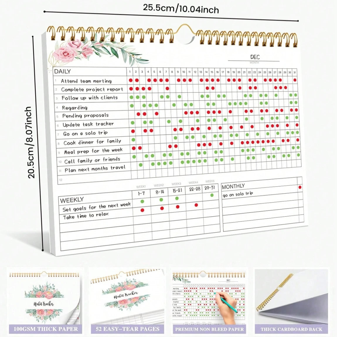 Floral Habit Tracker Calendar|Monthly Daily Habit Planner|Spiral Desk Organizer for Goals&Routines|Aesthetic Motivation Journal