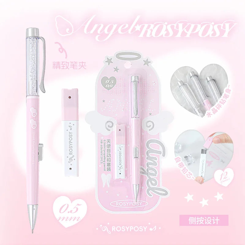 0.5HB Student Button Pencil and Lead Core Angel Automatic Lead Set High Appearance Girl Heart Shiny Crystal Pen Holder