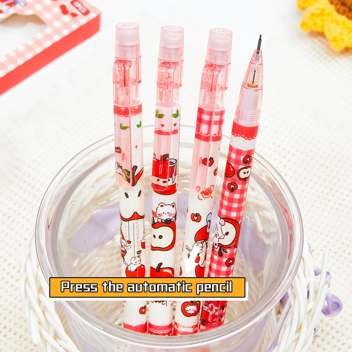 Cute Cat Push-Button Automatic Pencil Set, 4 Pencils + 1 Lead Replacement, Smooth Durable Writing Drawing, Office School Station